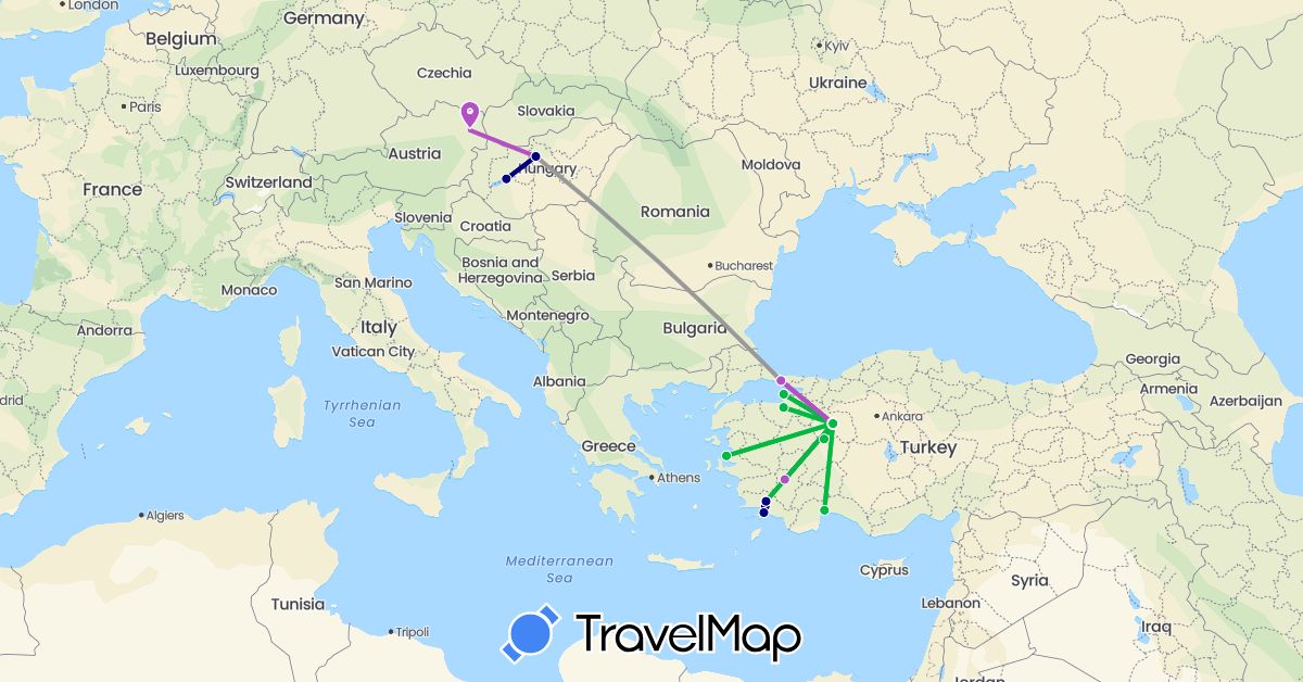 TravelMap itinerary: driving, bus, plane, train in Austria, Hungary, Turkey (Asia, Europe)
